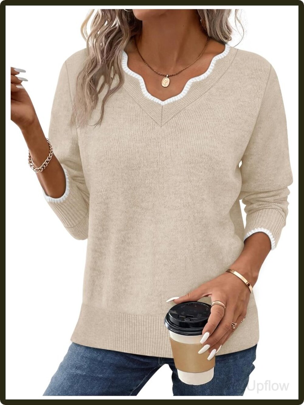 Women's V Neck Pullover Sweater Lightweight Long Sleeve Cozy Fall Layering Top